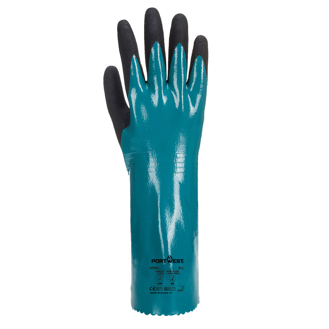 Portwest AP60 Chem 300 Nitrile Sandy Double Dipped Gauntlet in Blue/Black, back view