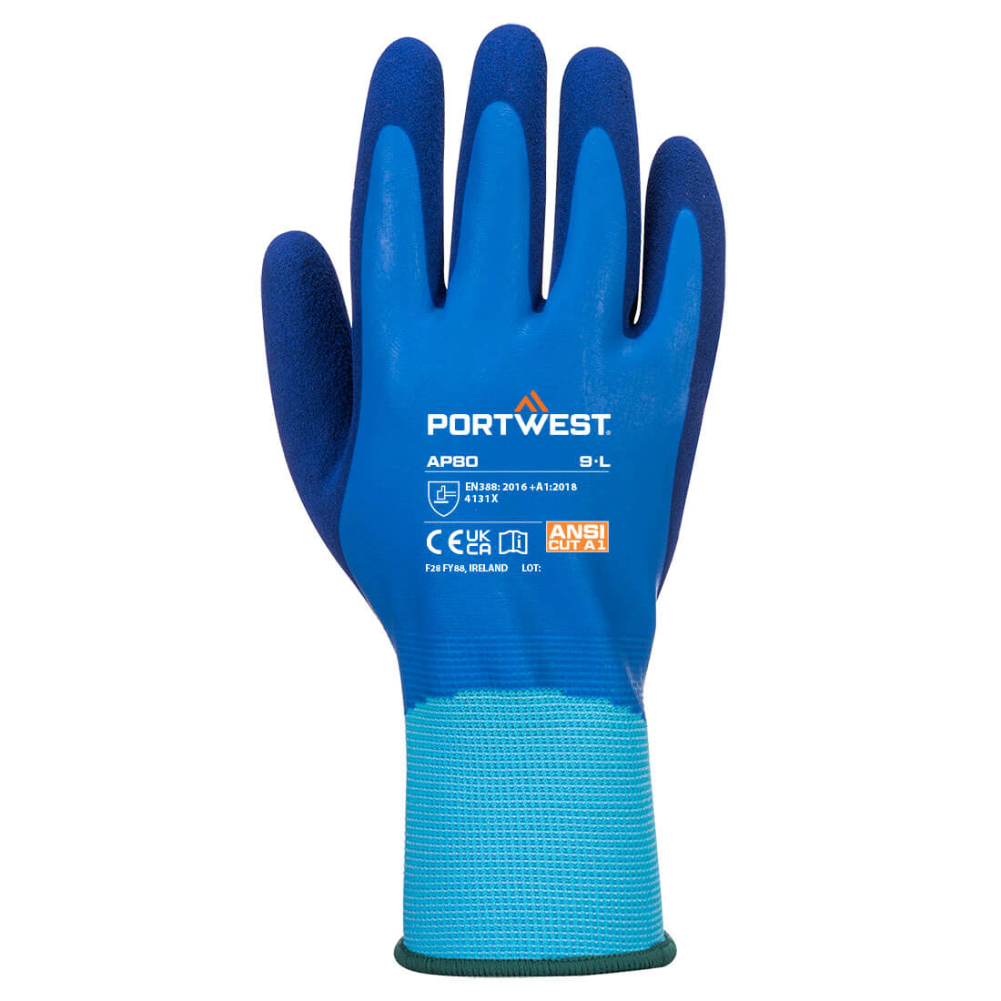 Portwest AP80 Grip 13 Latex Foam Aqua Glove in Blue, back view