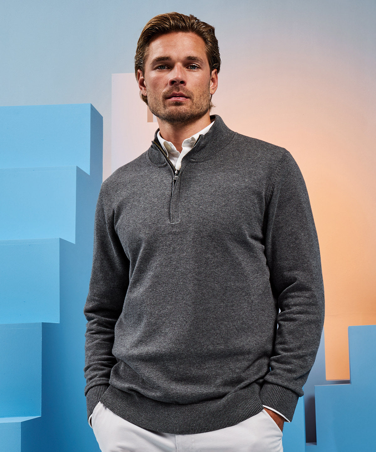 Asquith & Fox Men's cotton blend ¼ zip sweater, lifestyle photo
