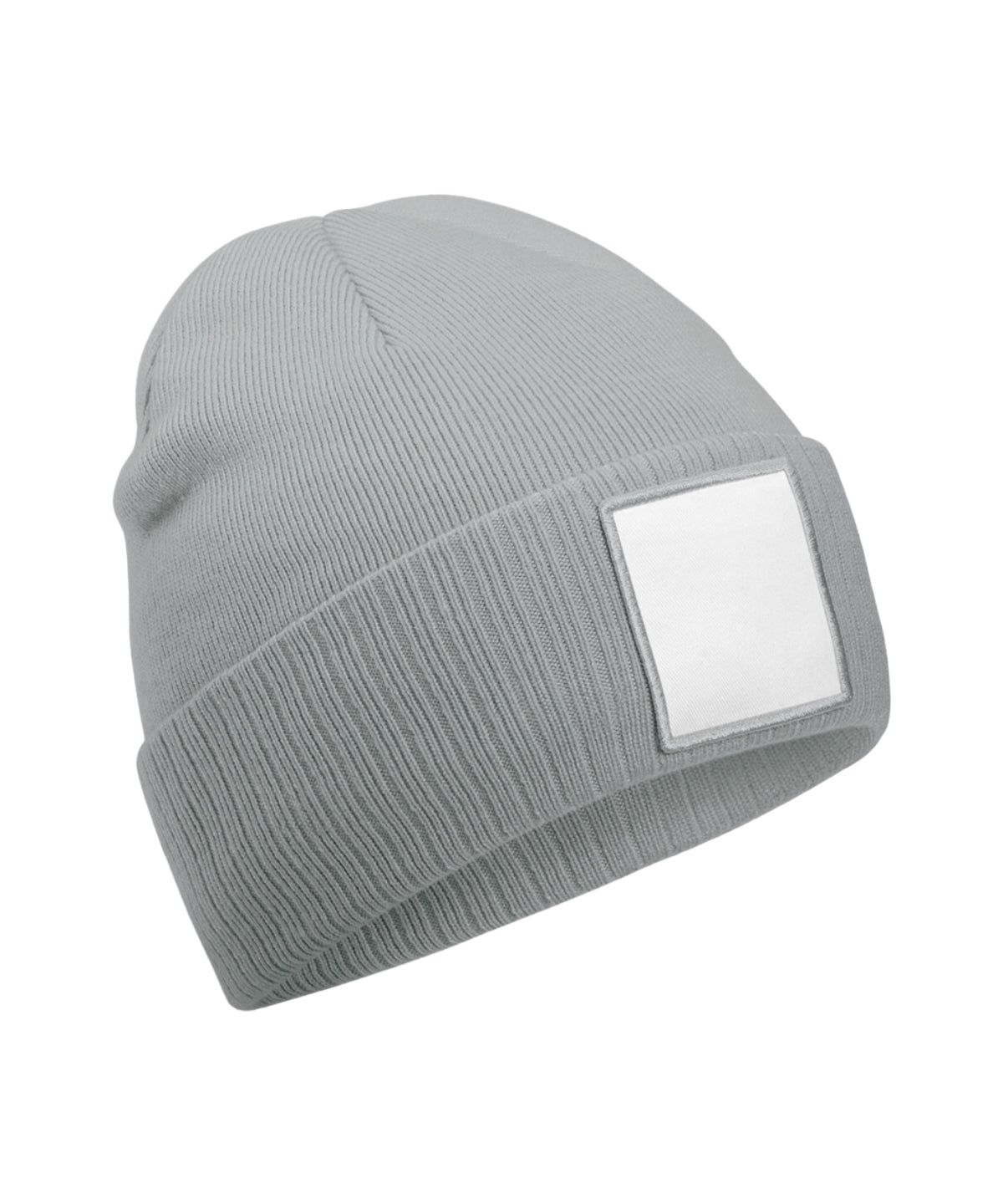 Beechfield Appliqué patch beanie in Ash/White, front view