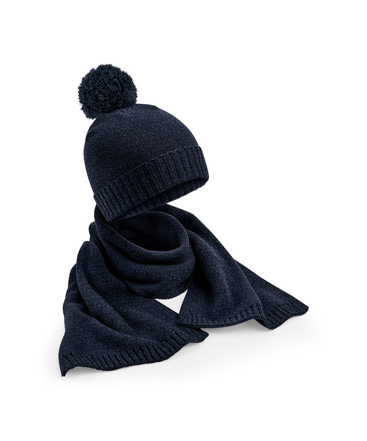 Beechfield Knitted scarf and beanie gift set in Navy Fleck, front view