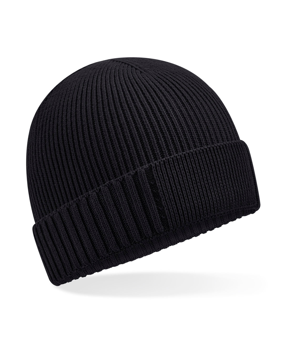 Beechfield Organic cotton engineered patch beanie in Black, front view
