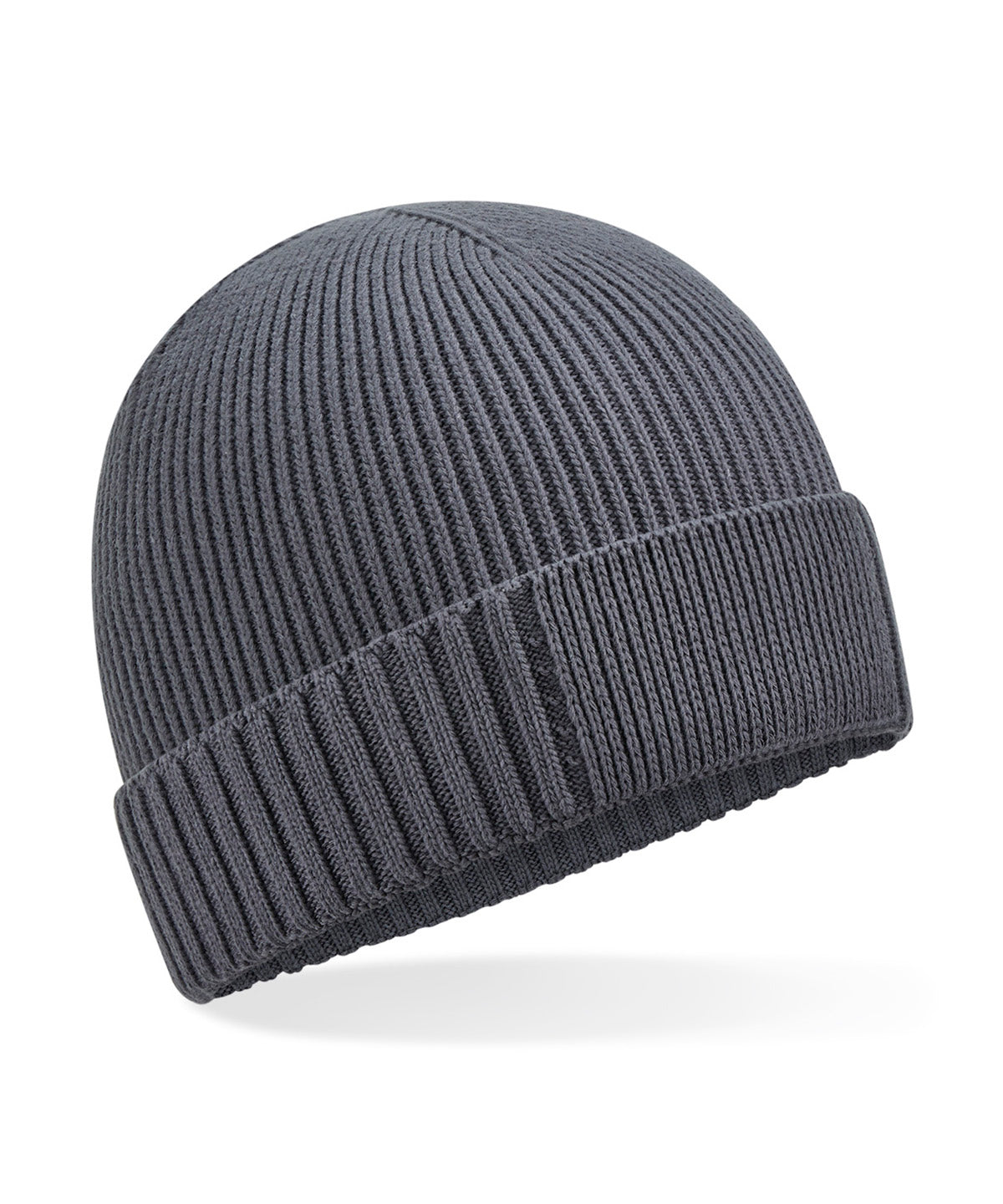 Beechfield Organic cotton engineered patch beanie in Graphite Grey, front view