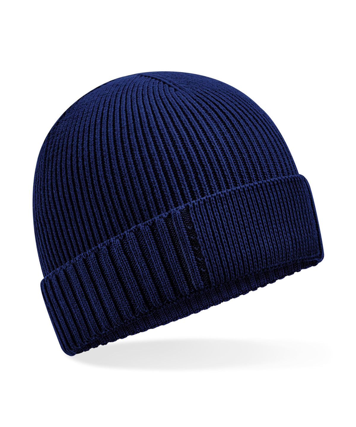 Beechfield Organic cotton engineered patch beanie in Oxford Navy, front view