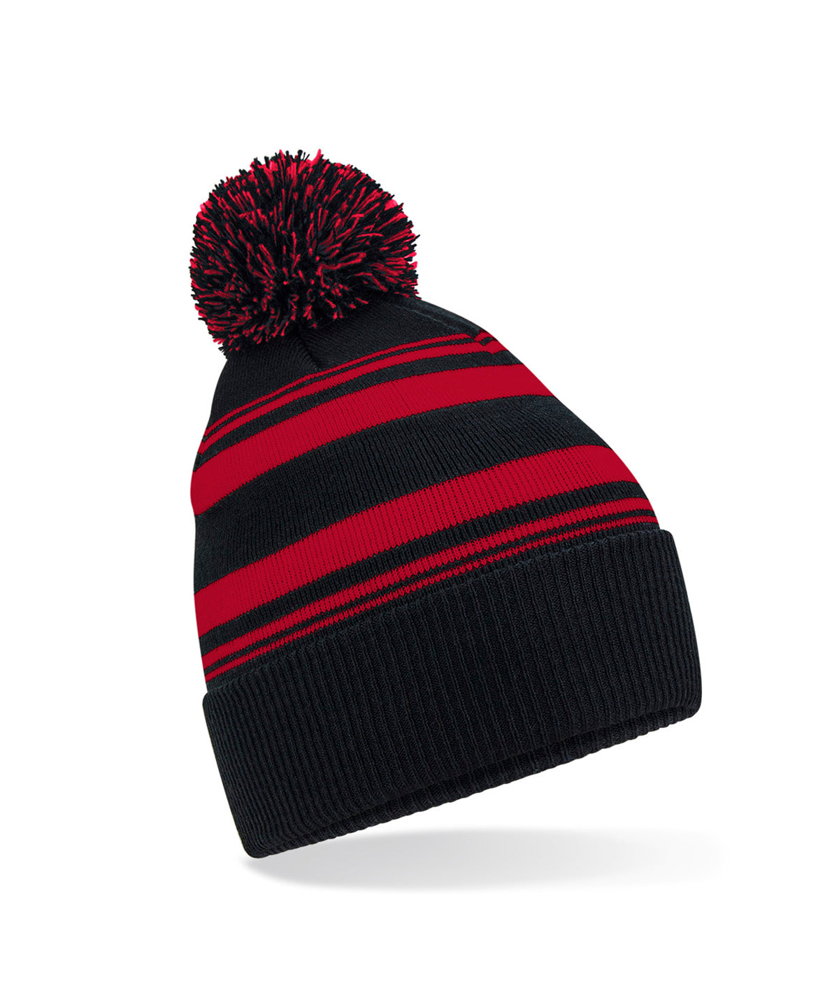 Beechfield Striped fan beanie in Black/Classic Red, front view