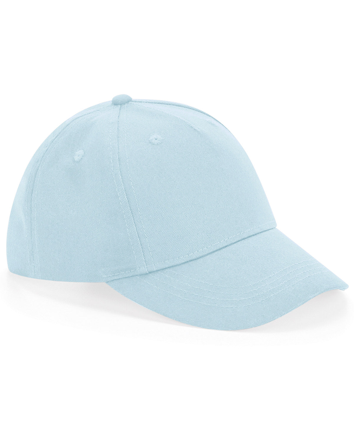Beechfield Junior organic cotton 5-panel cap in Powder Blue, front view