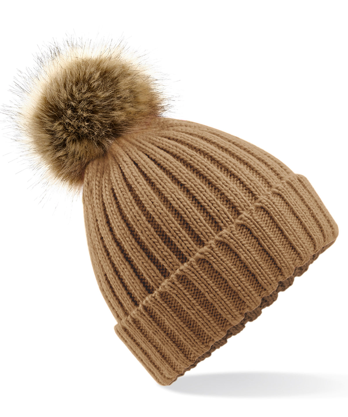 Beechfield Fur pop pom chunky beanie in Biscuit, front view