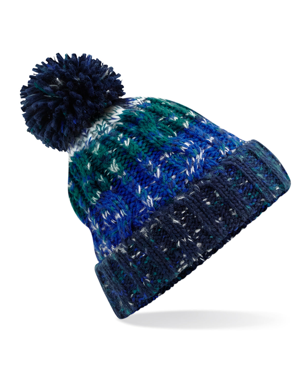Beechfield Corkscrew pom pom beanie in Alpine Blues, front view