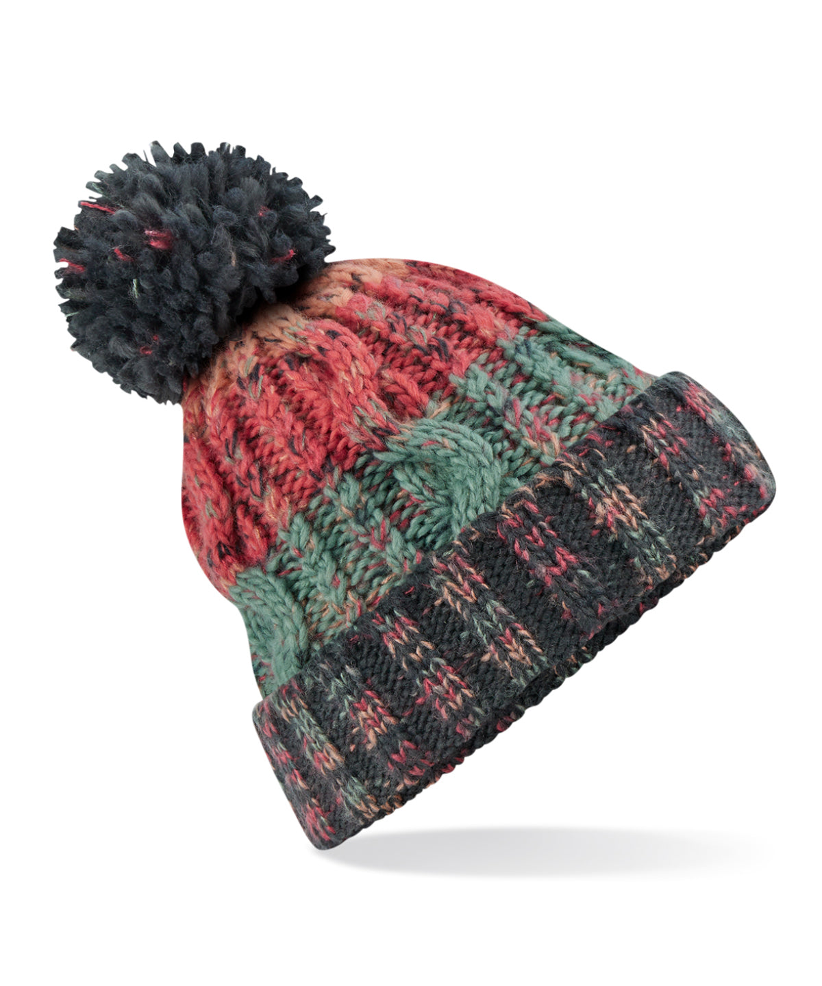 Beechfield Corkscrew pom pom beanie in Watermelon Breeze, front view