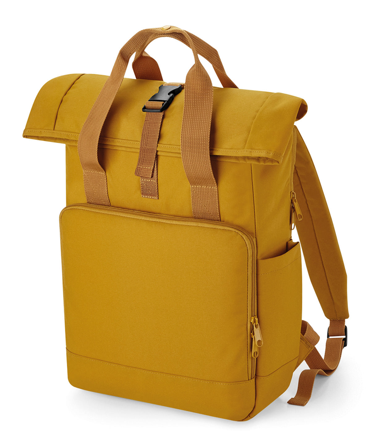 Bagbase Recycled twin handle roll-top laptop backpack in Mustard, front view