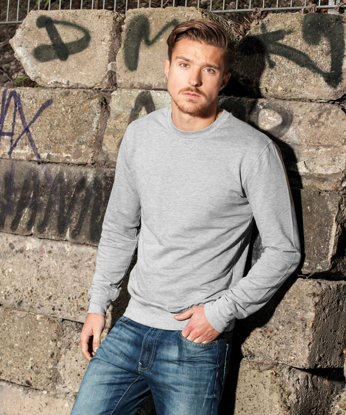 Build Your Brand Light crew sweatshirt, lifestyle photo