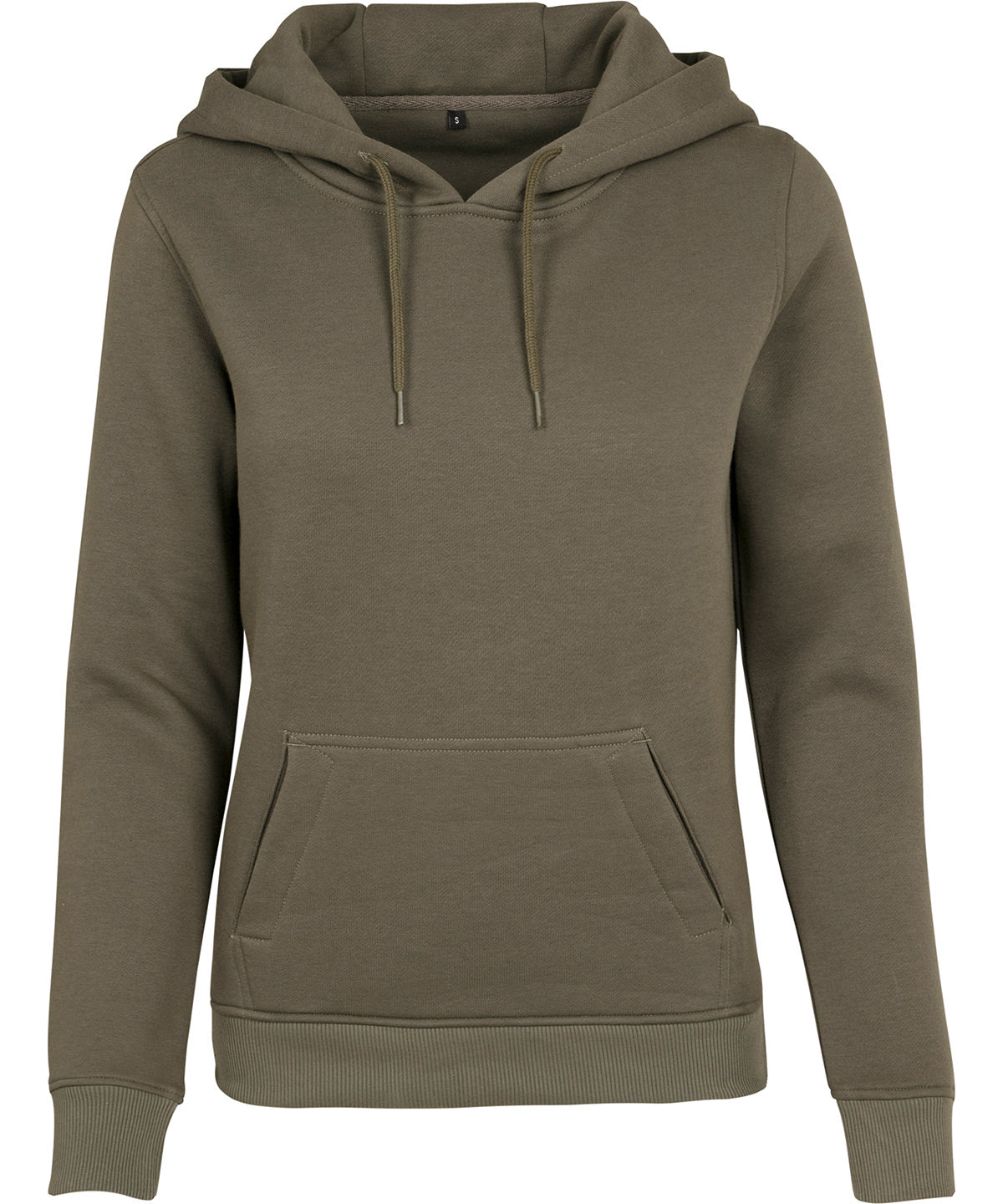 Build Your Brand Women's heavy hoodie in Olive, front view
