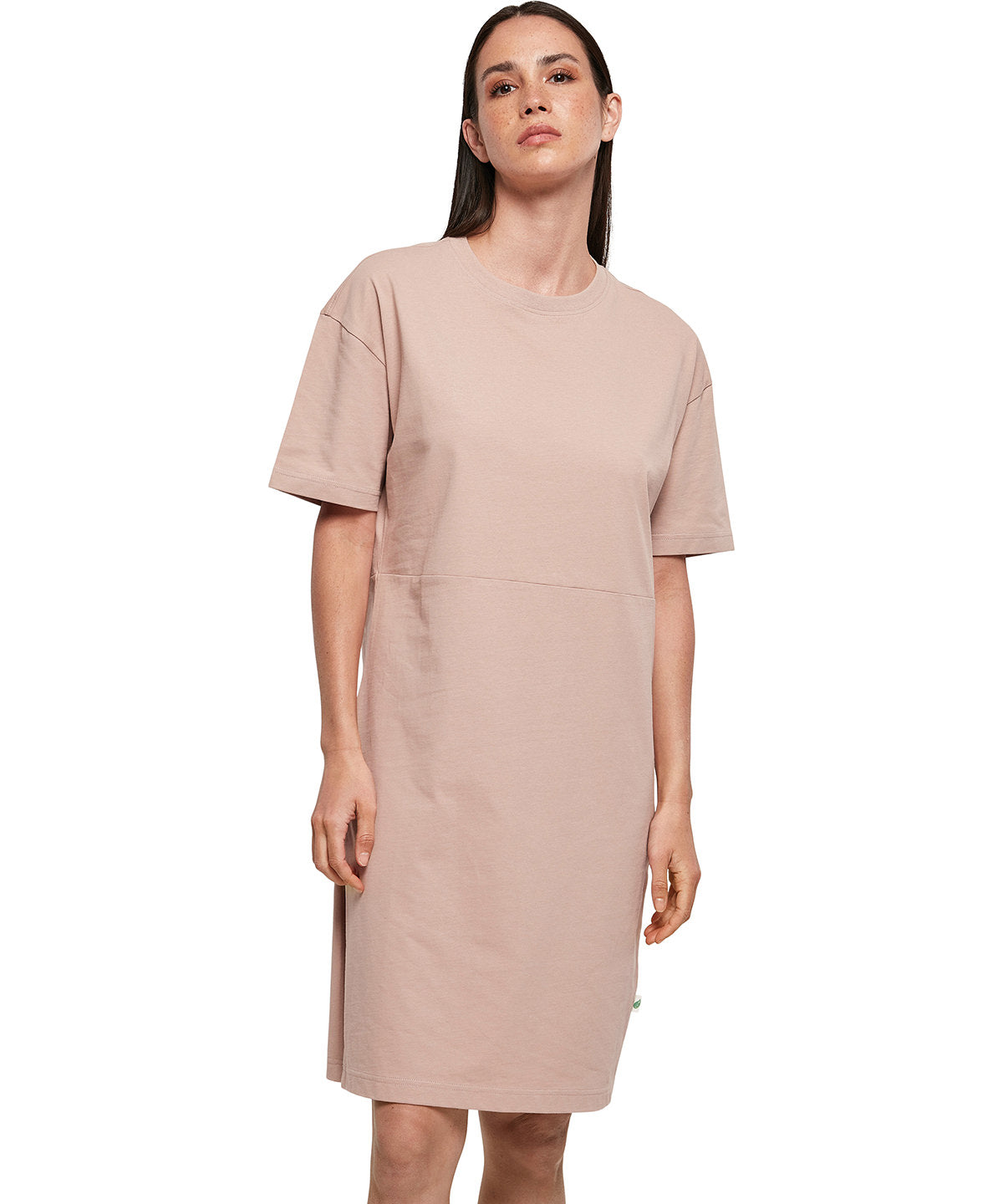 Build Your Brand Women's organic oversized slit tee dress, lifestyle photo