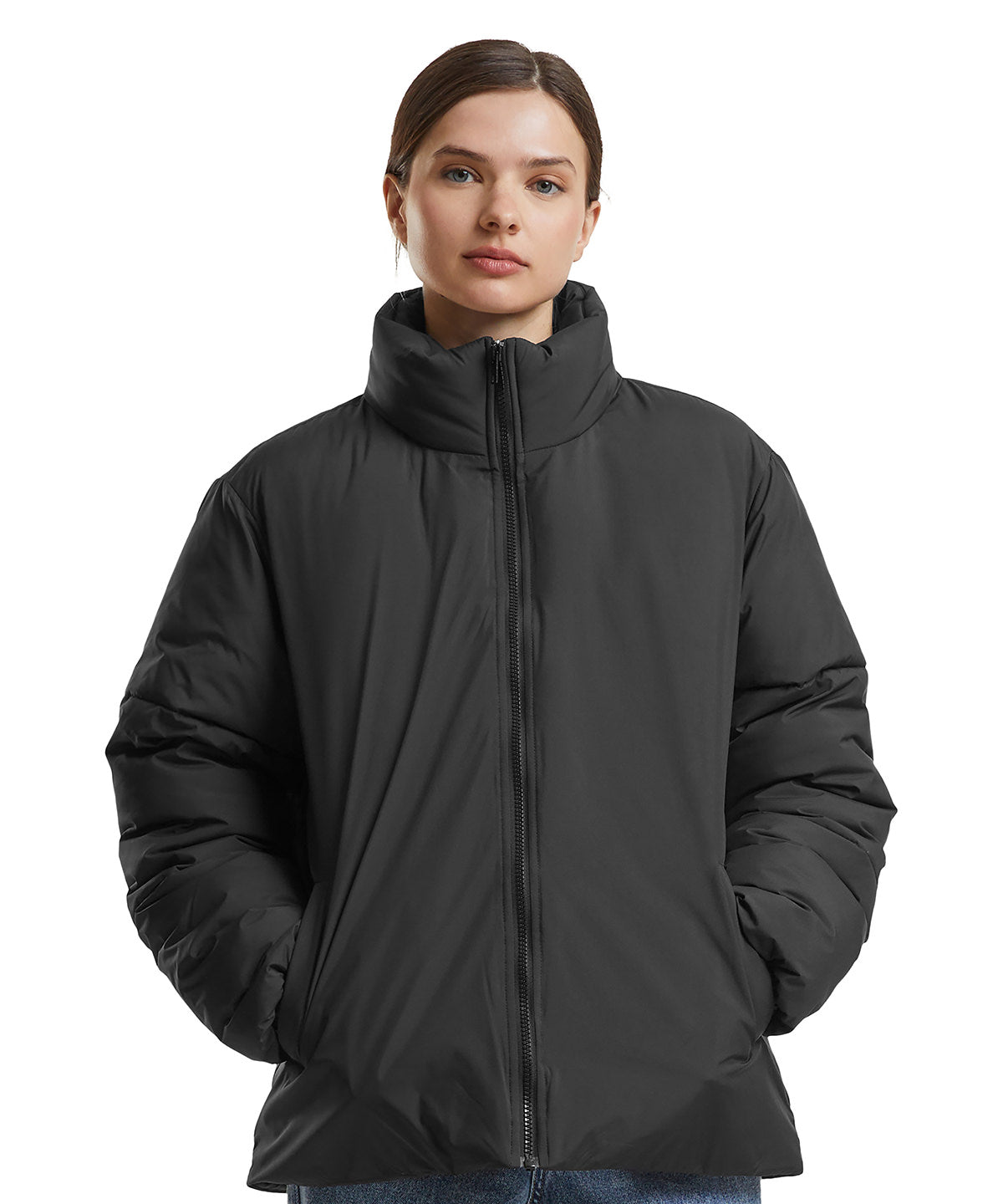 Build Your Brand Women’s loose puffer jacket in Black, lifestyle photo