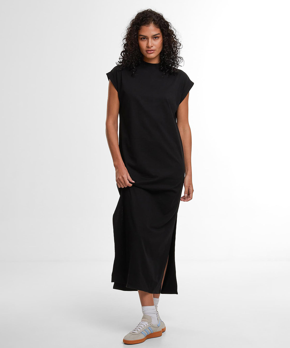 Build Your Brand Women’s Sorona long extended shoulder dress in Black, lifestyle photo