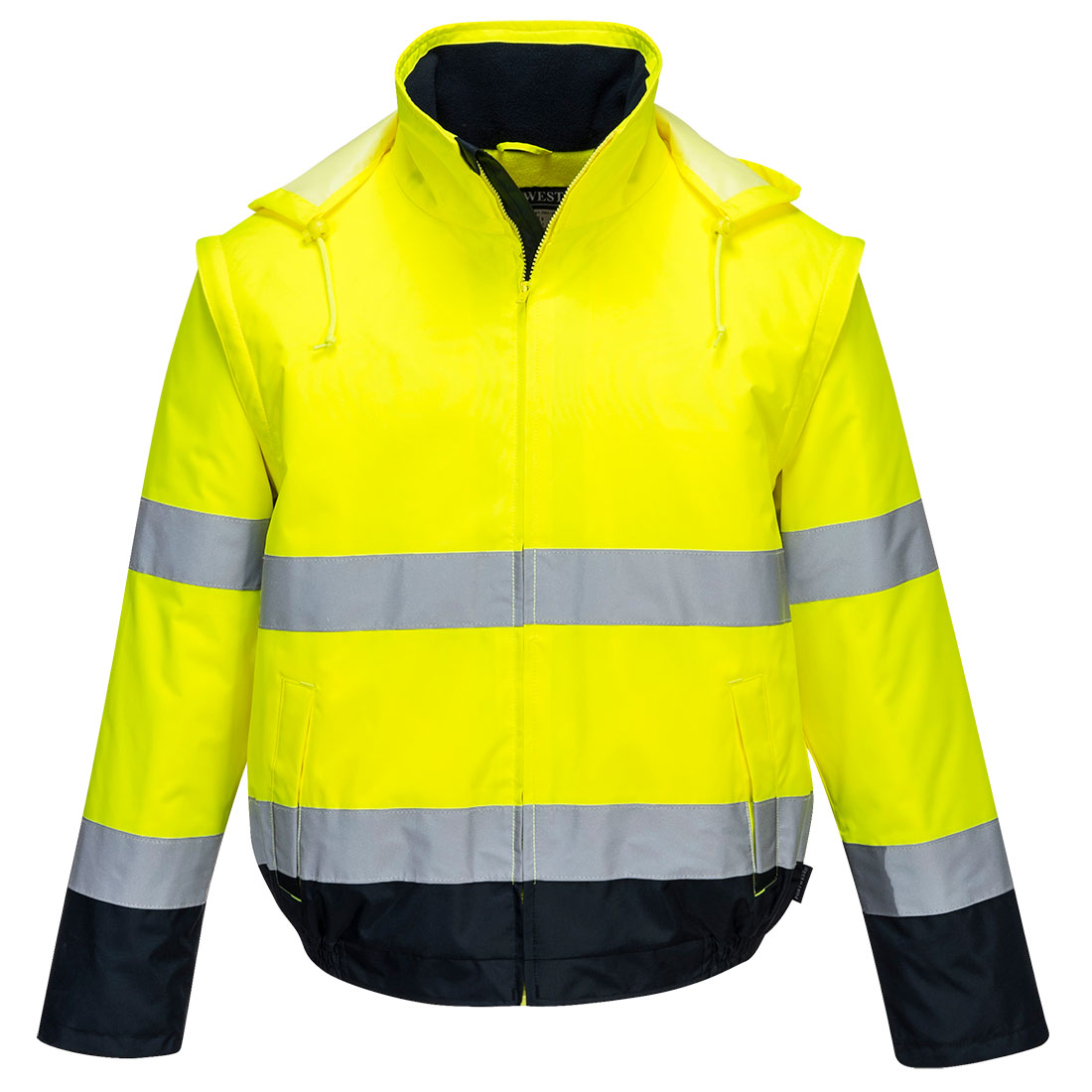 Portwest Hi-Vis 2-in-1 Contrast Essential Lite Bomber Jacket in Yellow/Navy, image 2