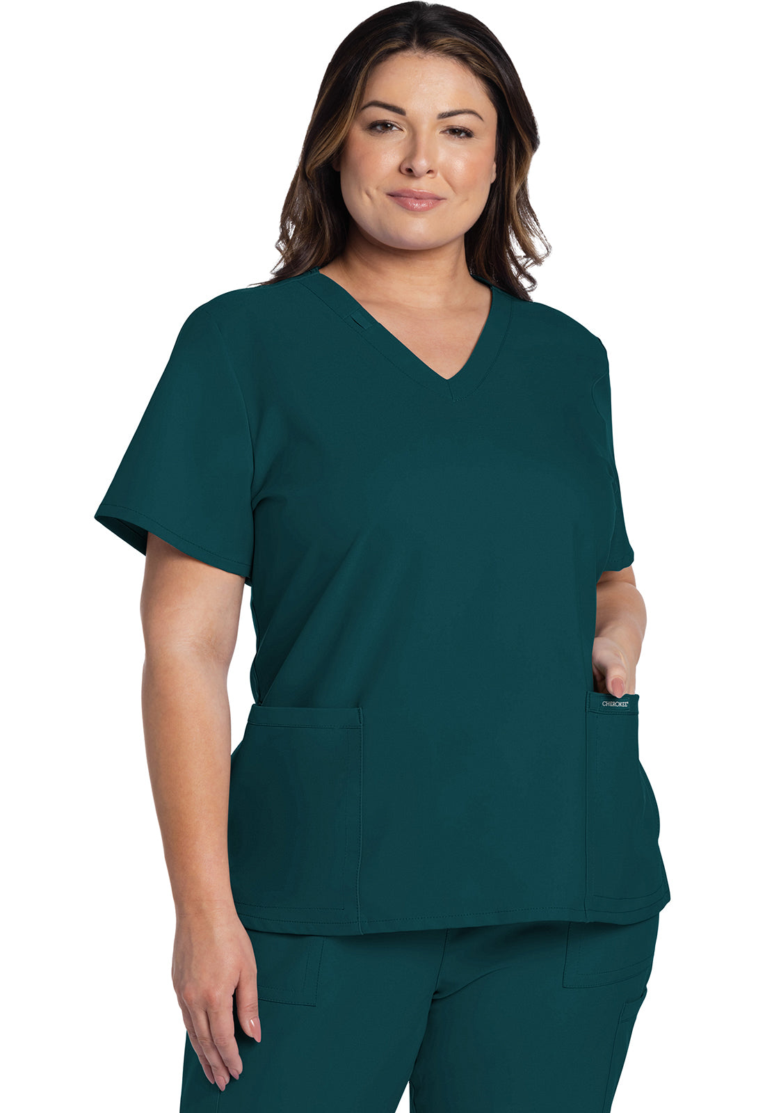 Cherokee CKE953A 2 pocket V-Neck Top - Caribbean Blue (front)