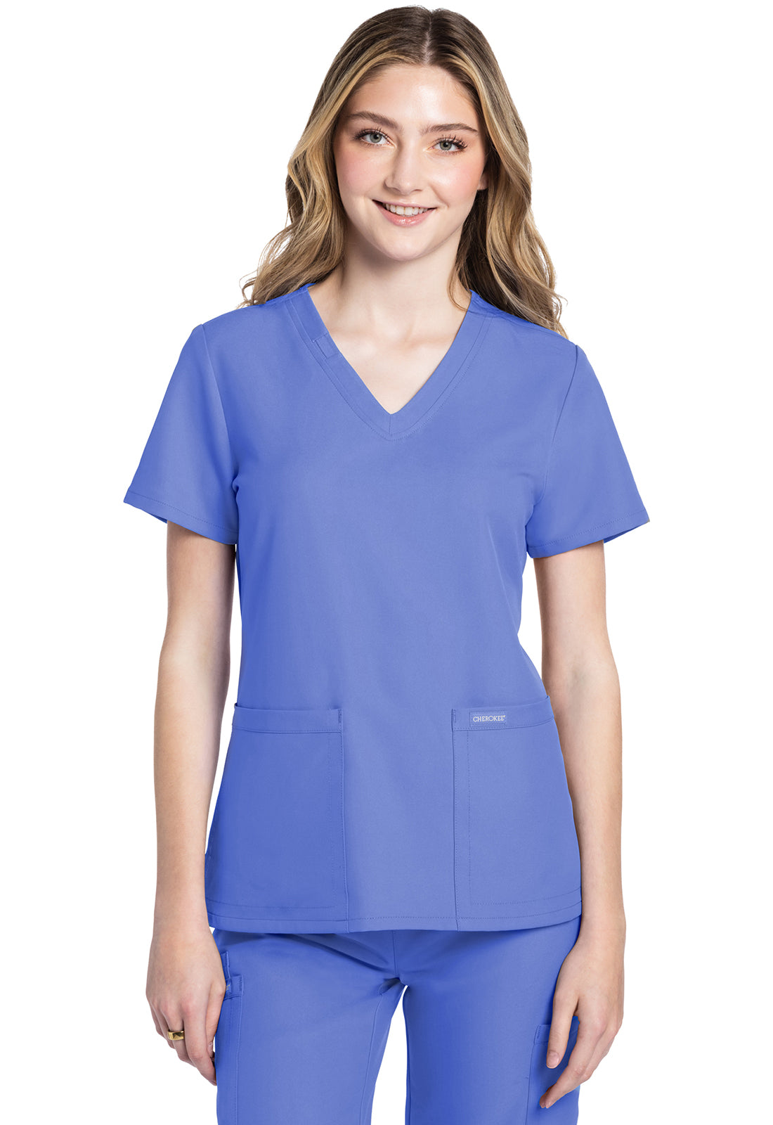 Cherokee CKE953A 2 pocket V-Neck Top - Ciel Blue (front)