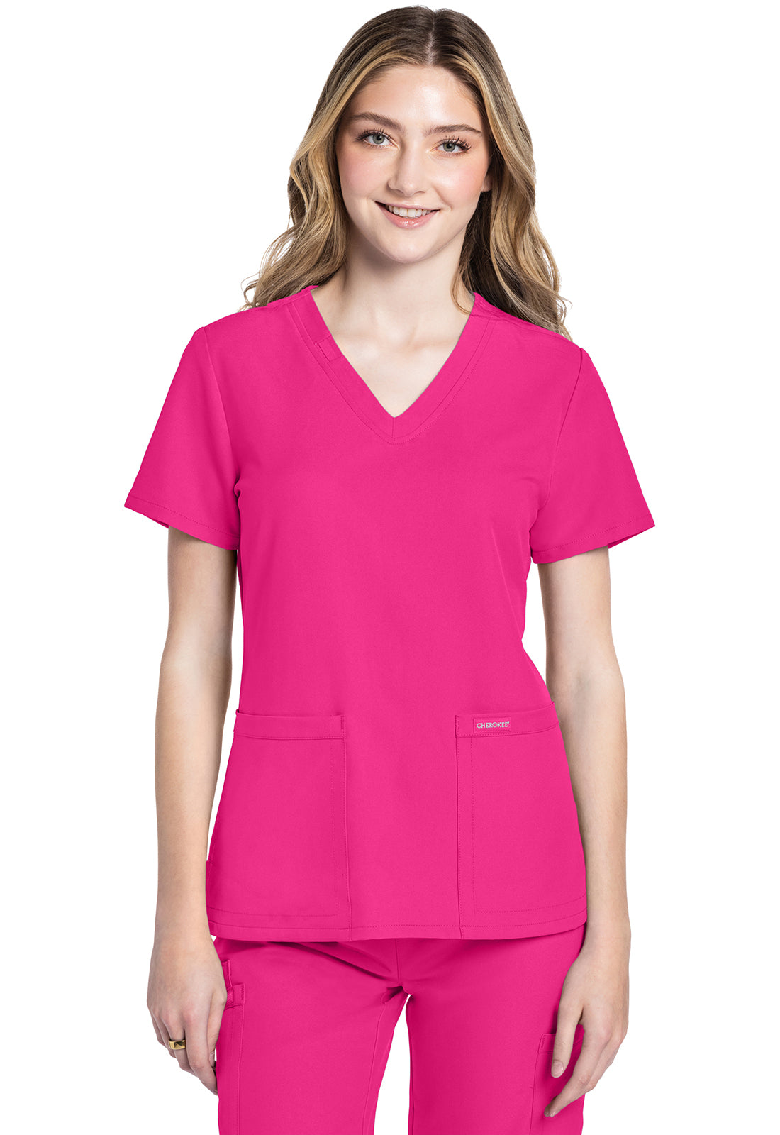 Cherokee CKE953A 2 pocket V-Neck Top - Electric Pink (front)