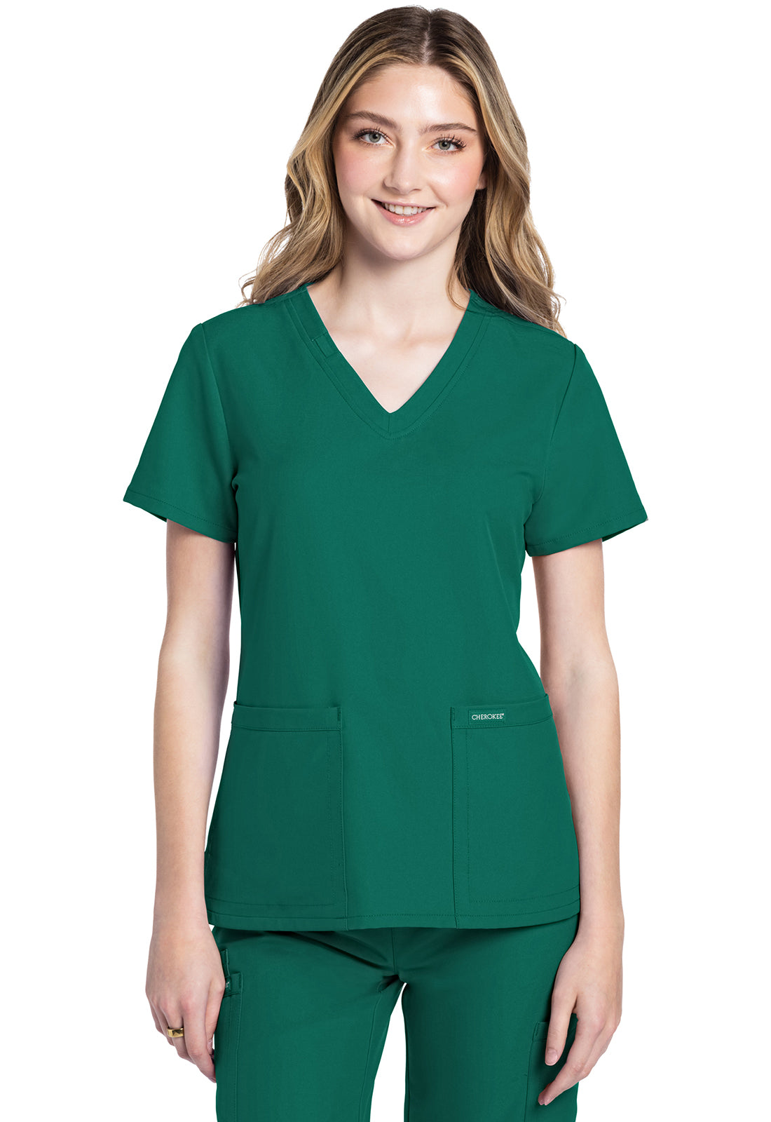Cherokee CKE953A 2 pocket V-Neck Top - Hunter Green (front)