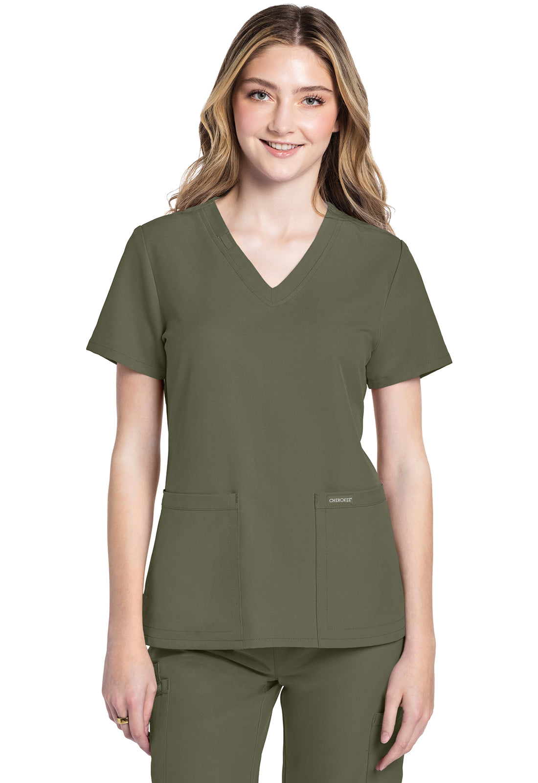 Cherokee CKE953A 2 pocket V-Neck Top - Olive (front)