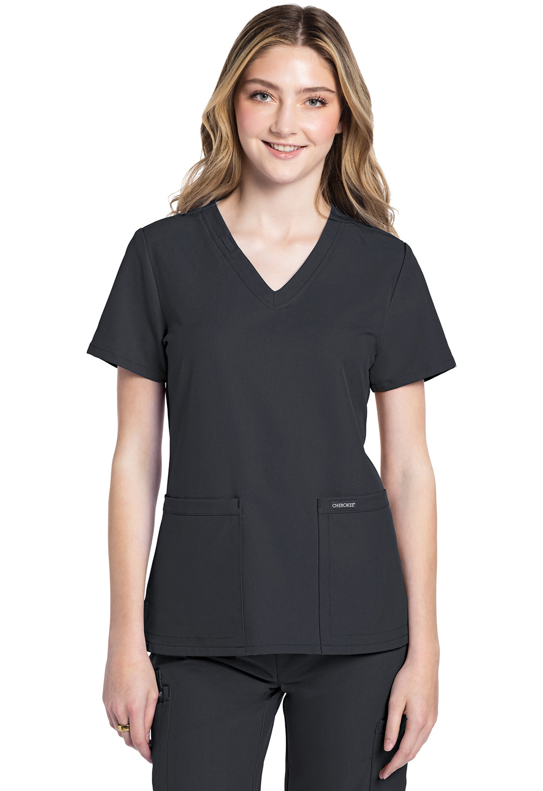Cherokee CKE953A 2 pocket V-Neck Top - Pewter (front)