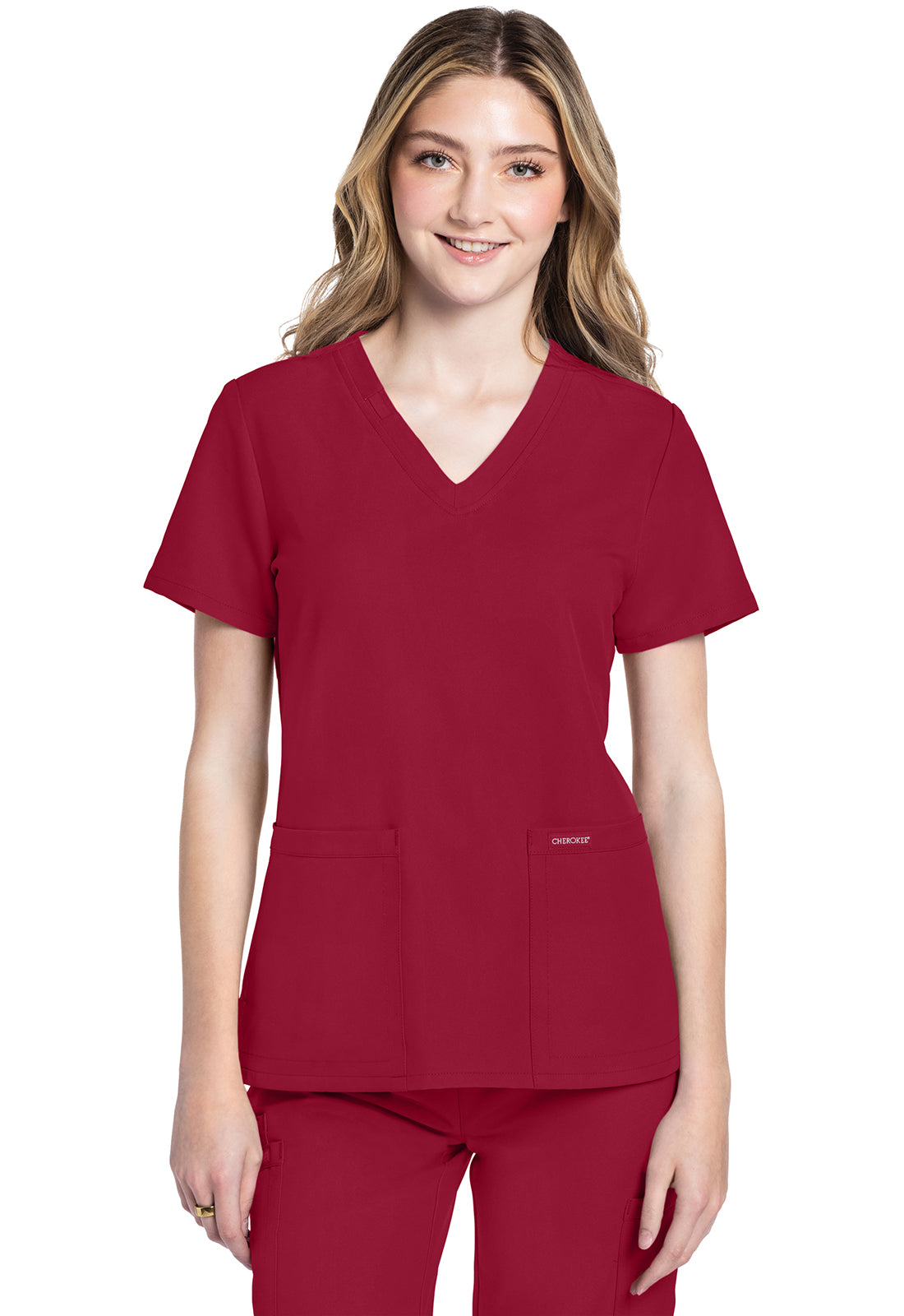 Cherokee CKE953A 2 pocket V-Neck Top - RED (front)