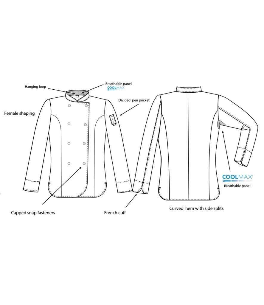 Dennys Ladies Long Sleeve Premium Chef's Jacket, front view