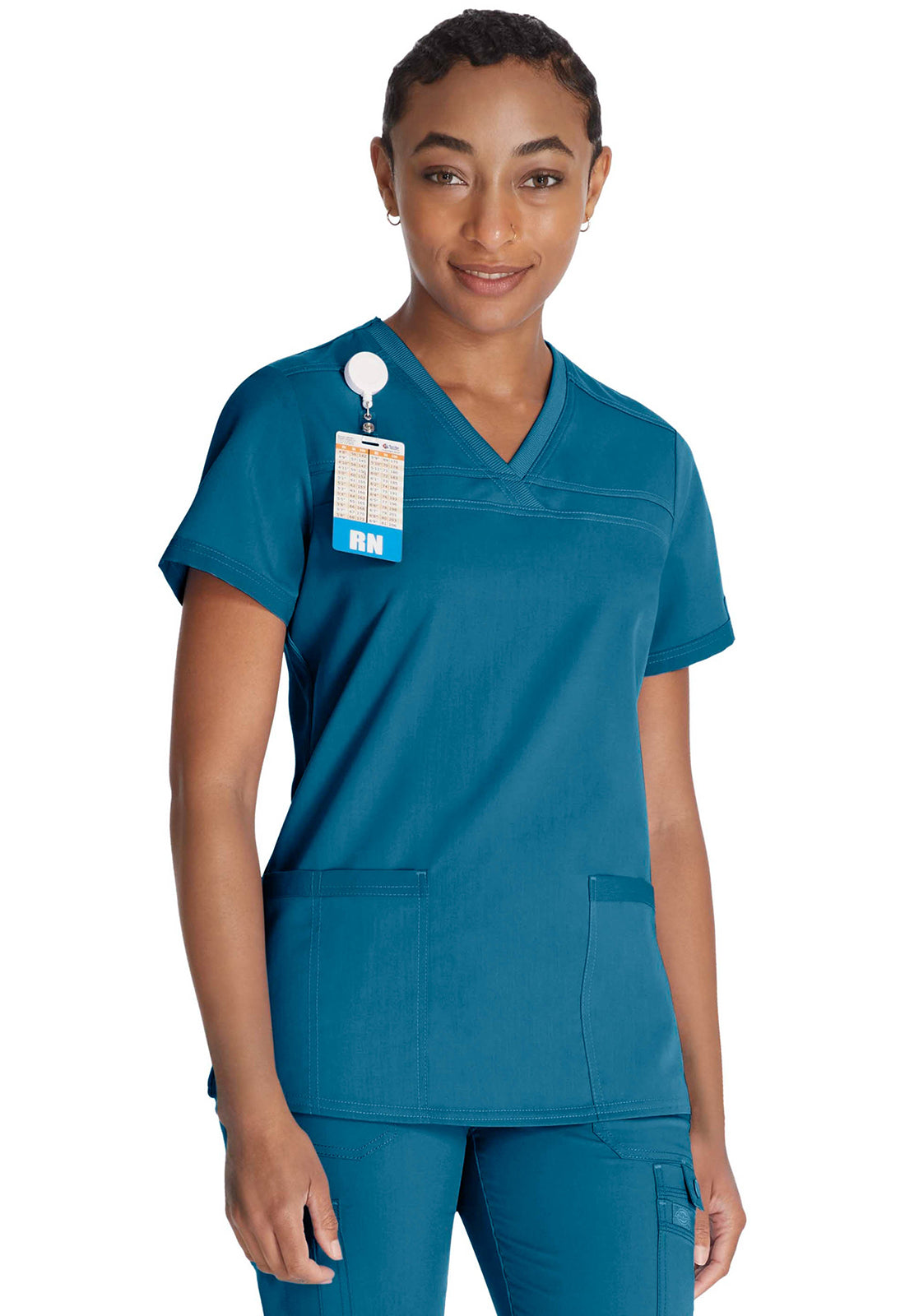 Dickies DKE870 V-Neck Top With Rib Knit Panels - Caribbean Blue (front)