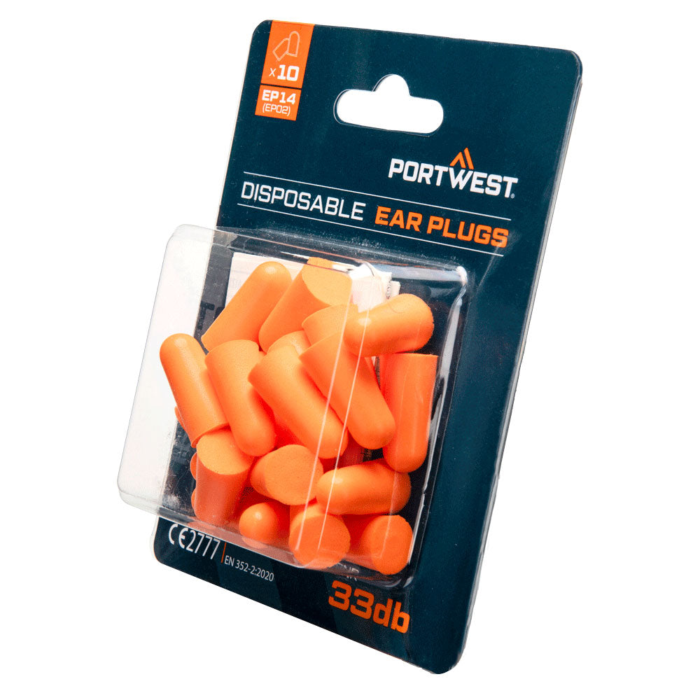 Portwest EP14 PU Foam Ear Plugs Blister Pack (10 Pairs) in Orange, back view