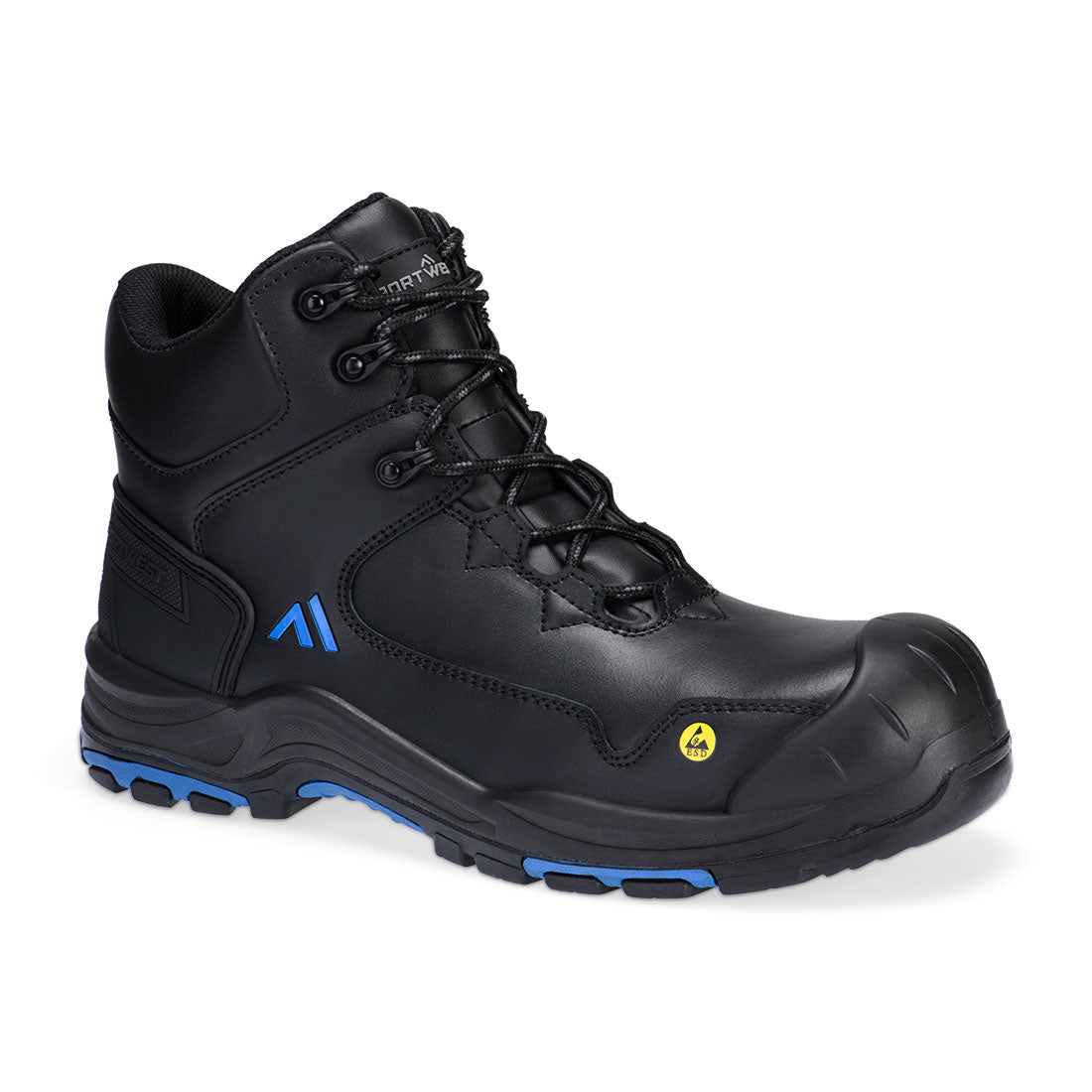 Portwest FC18 Composite Action Leather Mid Boot S3S ESD HRO SR SC FO in Black/Blue, back view