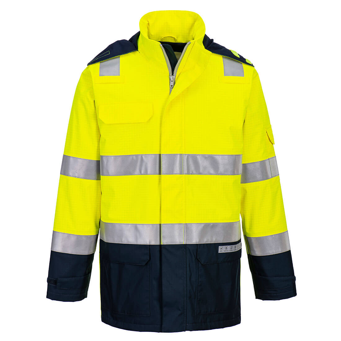 Portwest Bizflame Rain+ Hi-Vis Multi-Norm Contrast FR Jacket in Yellow/Navy, image 2