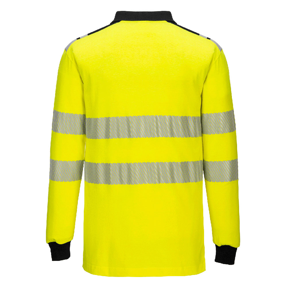 Portwest FR702 PW3 Modaflame Knit Hi-Vis FR Long Sleeve Polo Shirt in Yellow/Black, back view