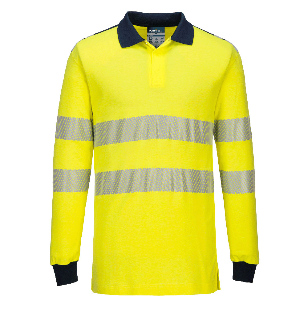 Portwest PW3 Modaflame Knit Hi-Vis FR Long Sleeve Polo Shirt in Yellow/Navy, image 2