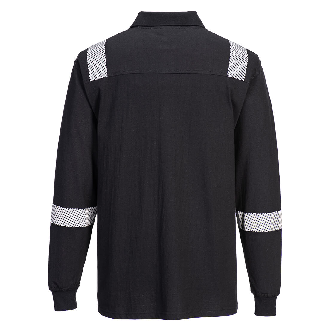 Portwest FR711 WX3 Modaflame Knit FR Long Sleeve Polo Shirt in Black, back view