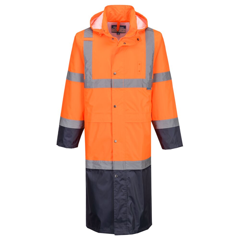 Portwest Hi-Vis Contrast Raincoat 122cm in Orange/Navy, main product image