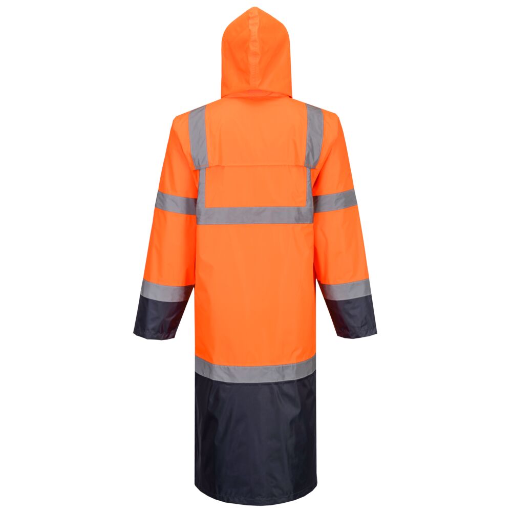 Portwest H446 Hi-Vis Contrast Raincoat 122cm in Orange/Navy, back view