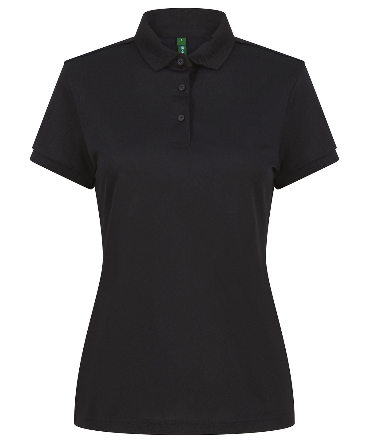 Henbury Women’s recycled polyester polo shirt in Black, front view