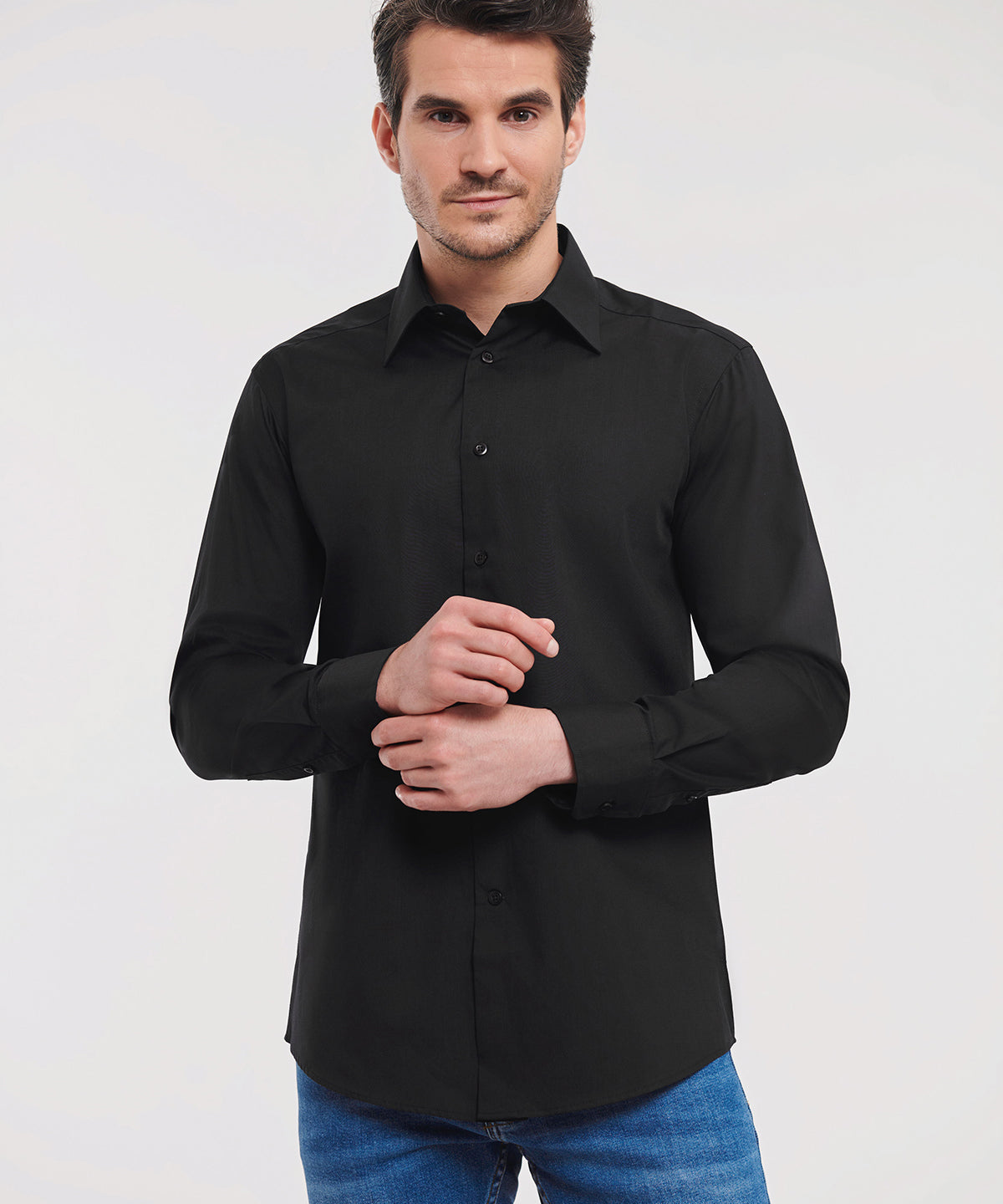 Russell Athletic Collection Long sleeve polycotton easycare fitted poplin shirt, lifestyle photo