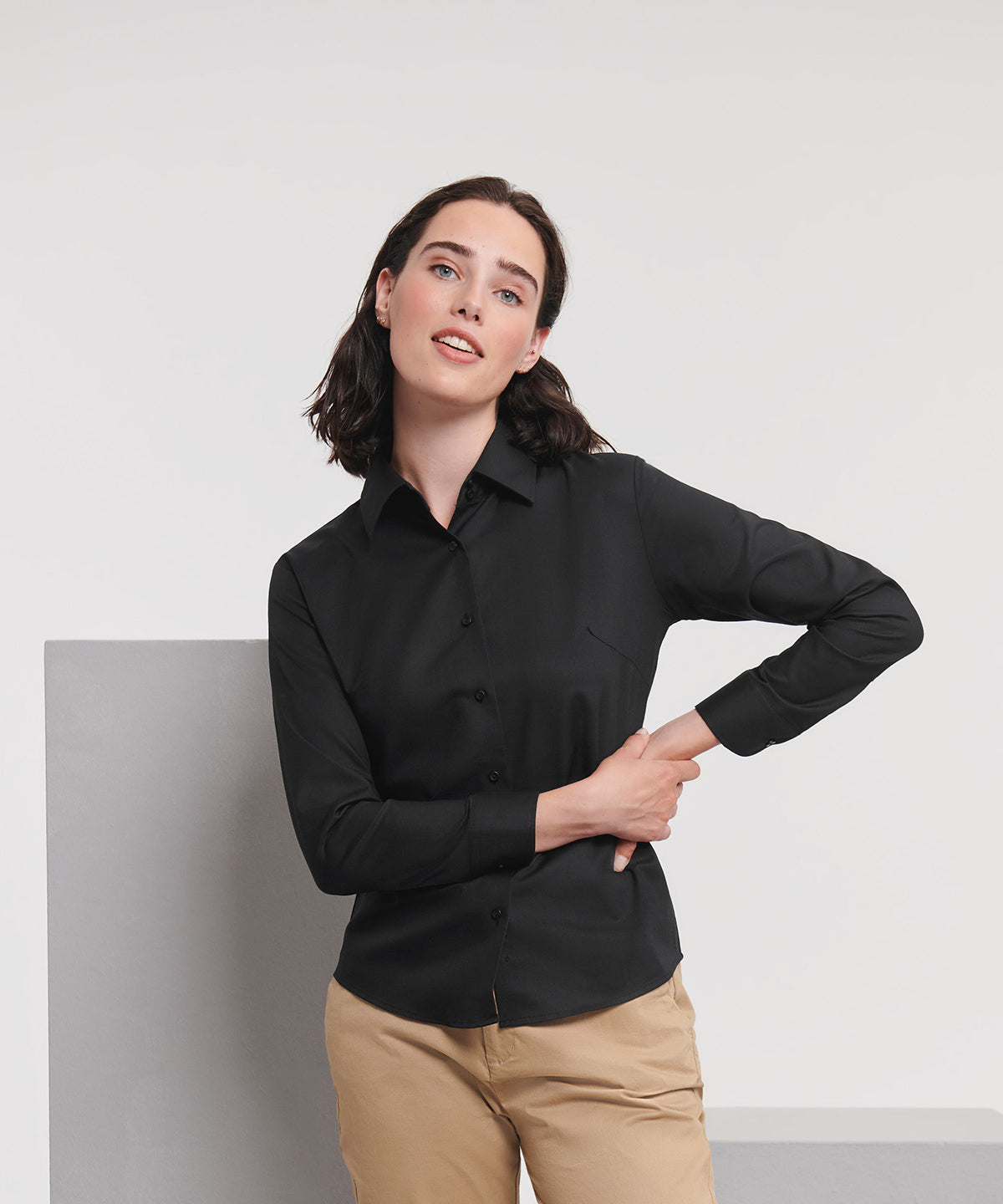Russell Athletic Collection Women's long sleeve easycare Oxford shirt, lifestyle photo