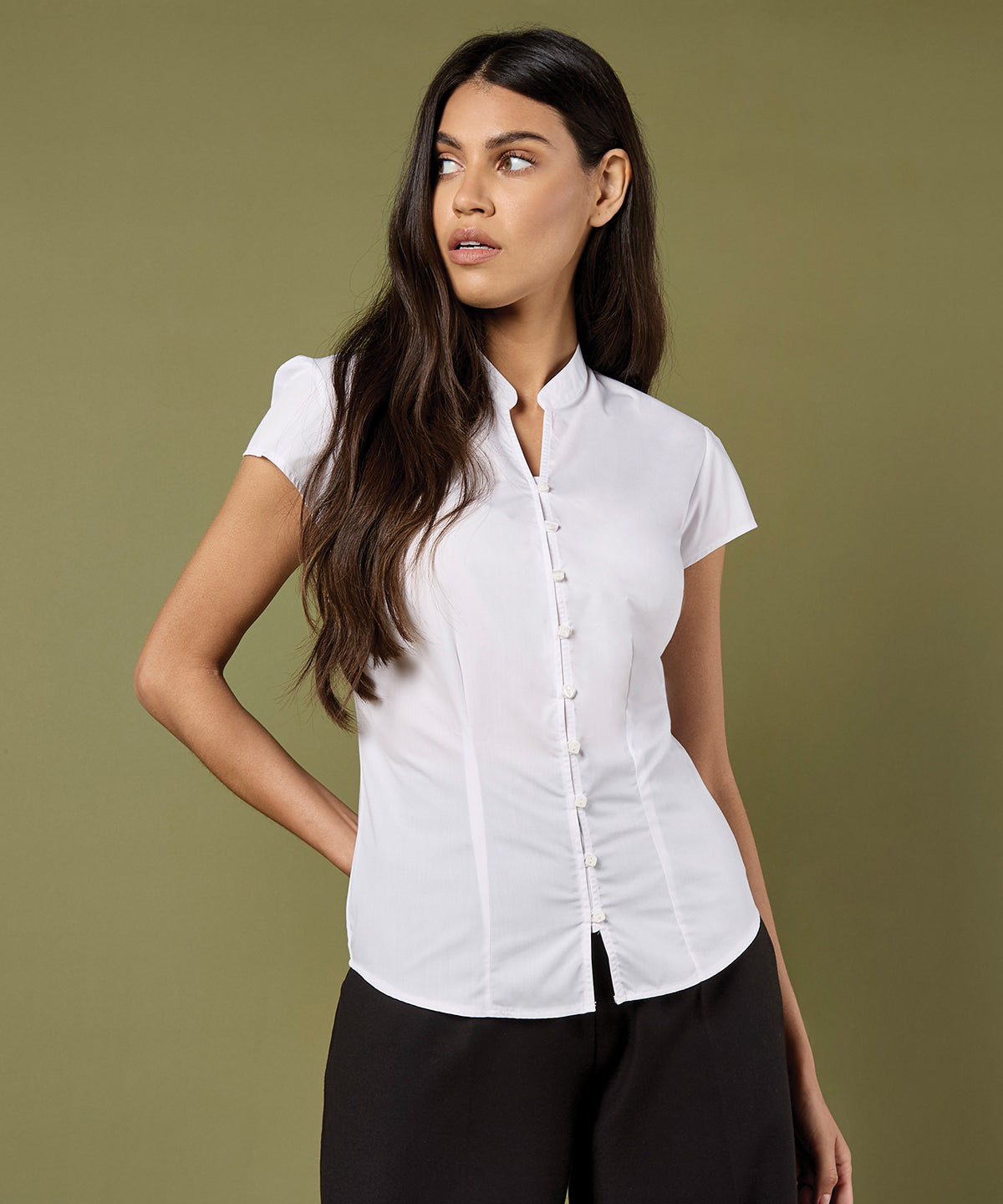 Kustom Kit Women's continental blouse mandarin collar cap sleeve (tailored fit), lifestyle photo