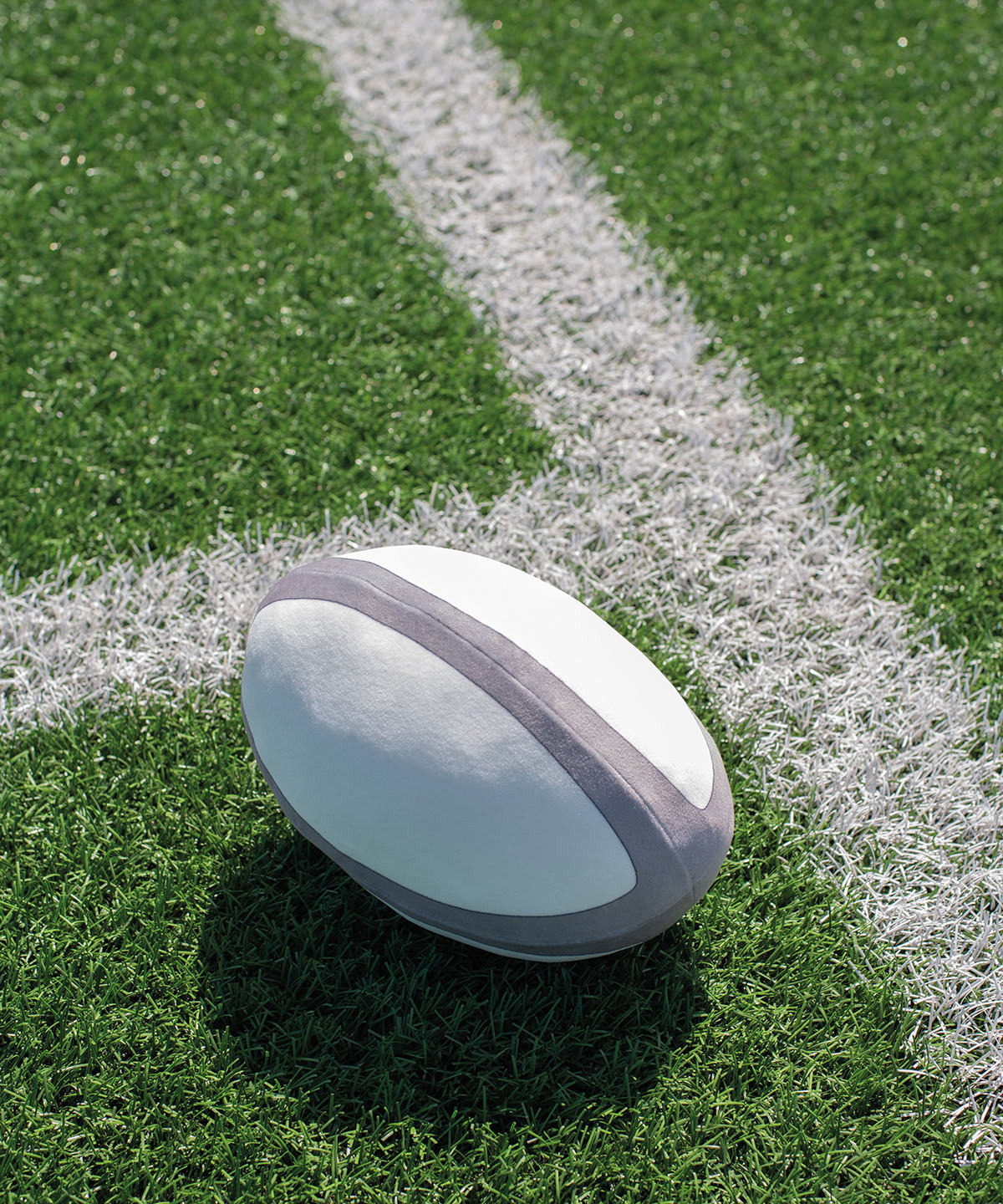 Mumbles Zippie rugby ball in White/Grey, lifestyle photo