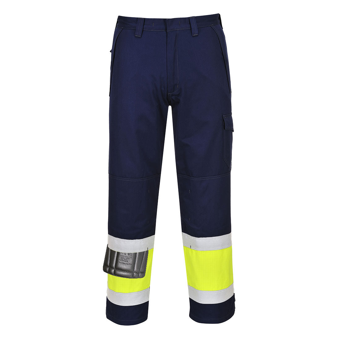 Portwest Modaflame Work Hi-Vis Class 1 Multi-Norm FR Trousers in Yellow/Navy Tall, image 2