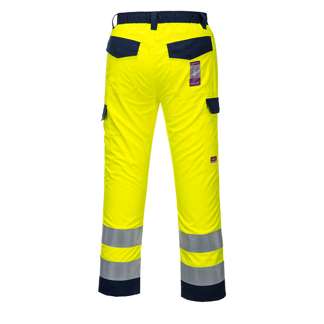 Portwest MV46 Modaflame Work Hi-Vis Multi-Norm Contrast FR Trousers in Yellow/Navy, back view