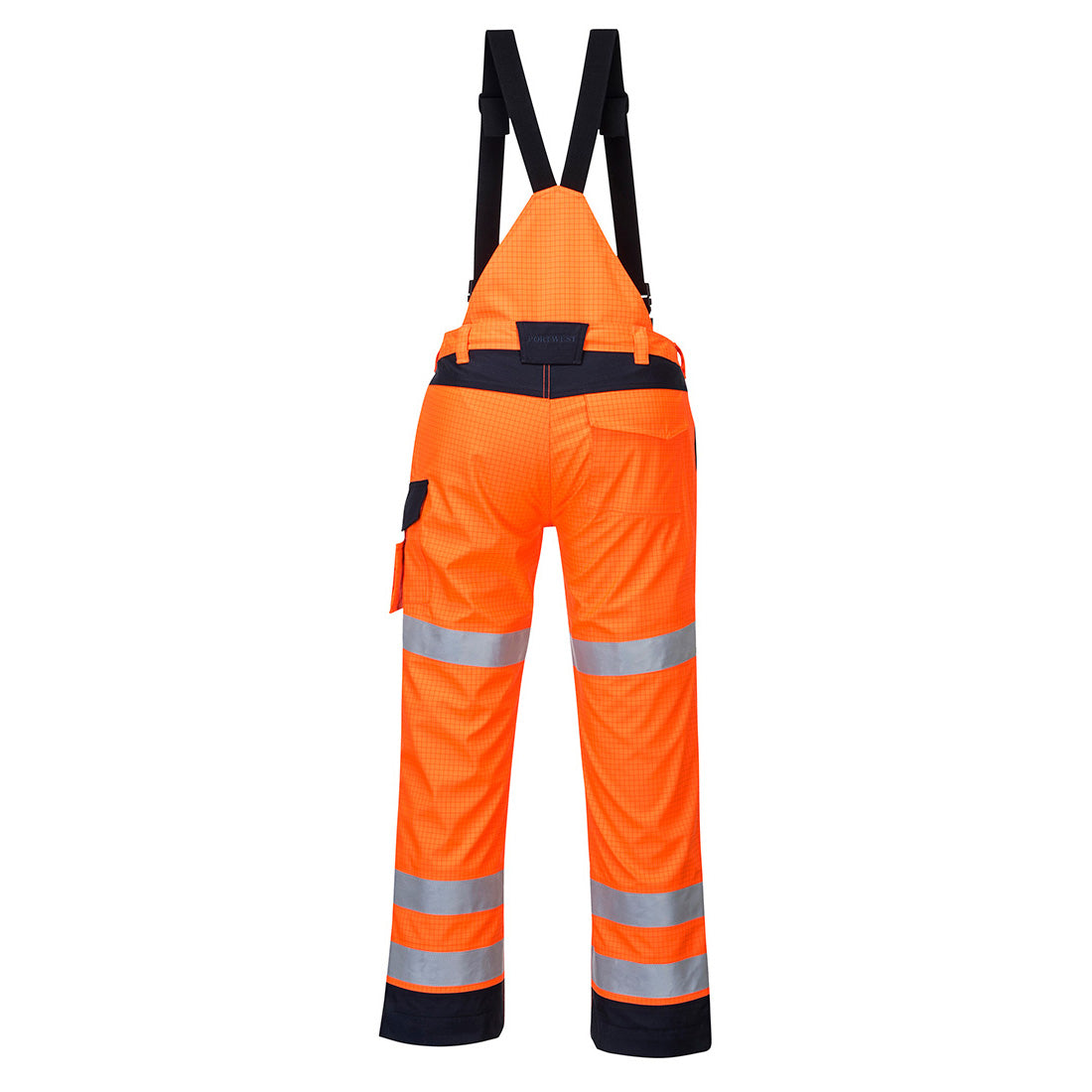 Portwest MV71 Modaflame Rain+ Hi-Vis Multi-Norm Contrast FR Trousers in Orange/Navy, back view