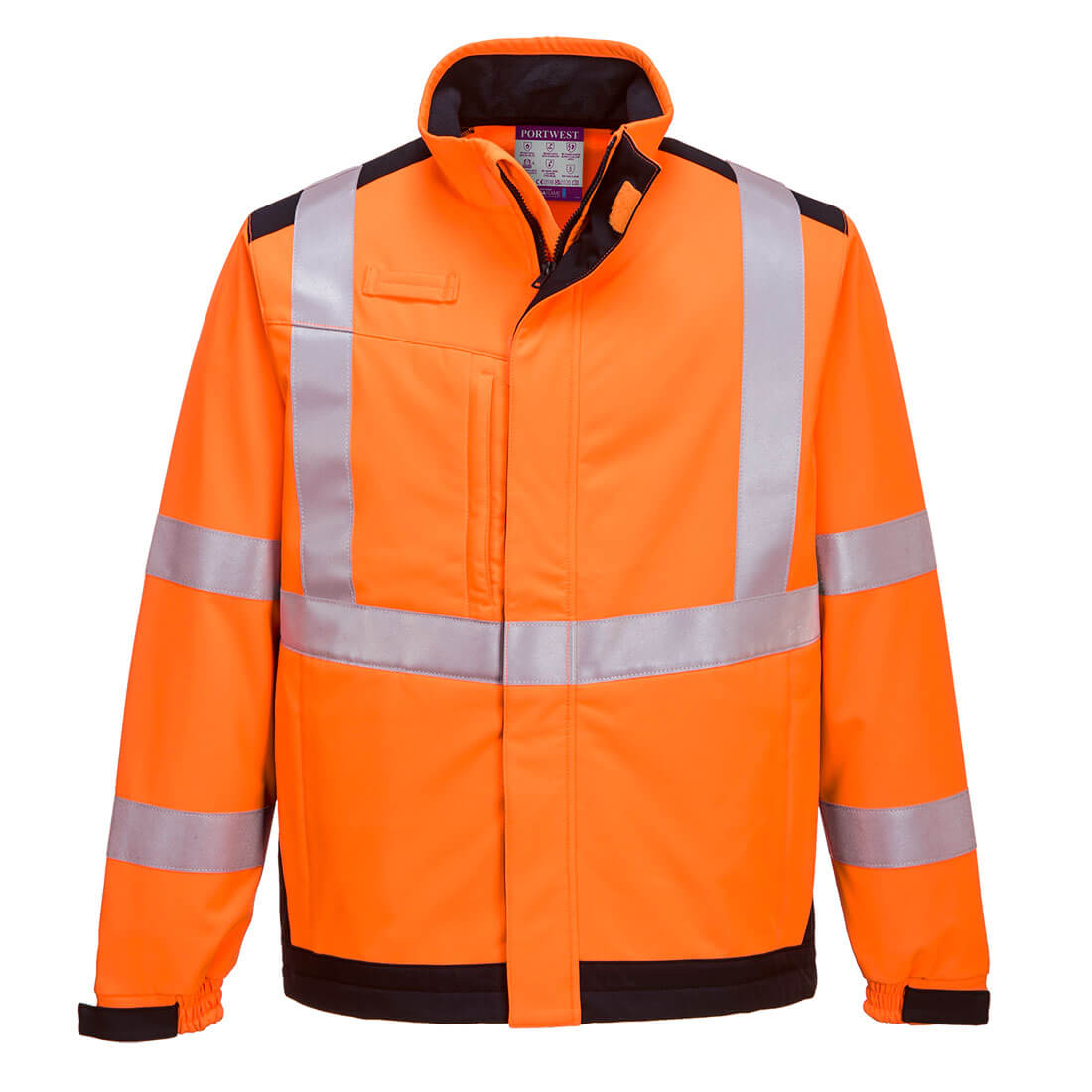 Portwest Modaflame Softshell Hi-Vis Multi-Norm FR Jacket in Orange/Navy, main product image