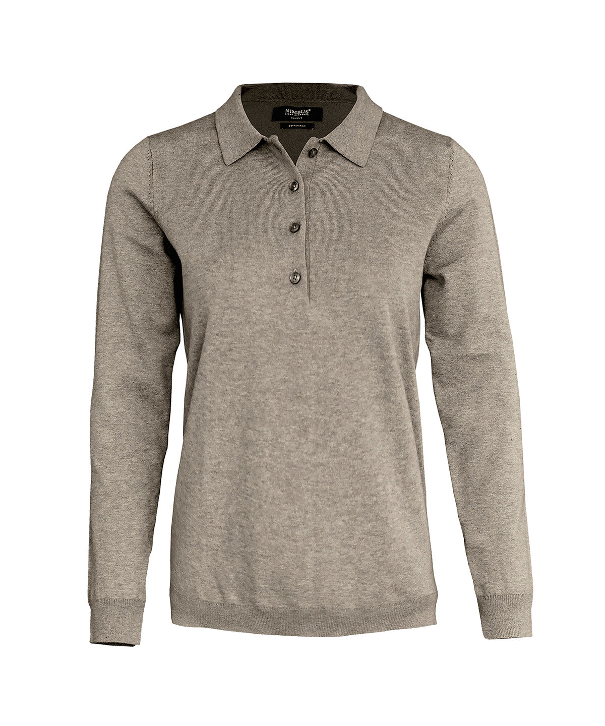 Nimbus Women’s Brighton long sleeve polo – elegant knitted polo in Sand Melange, front view