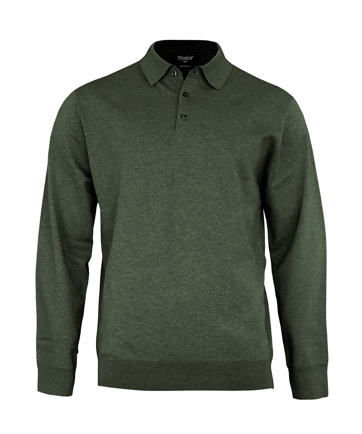 Nimbus Brighton long sleeve polo – elegant knitted polo in Olive Melange, front view