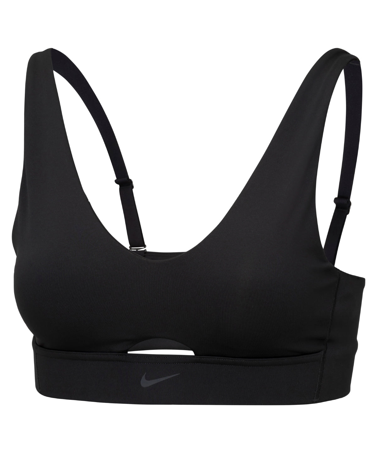 Nike Women’s Dri-FIT indy plunge cutout bra in Black/Dark Smoke Grey, lifestyle photo