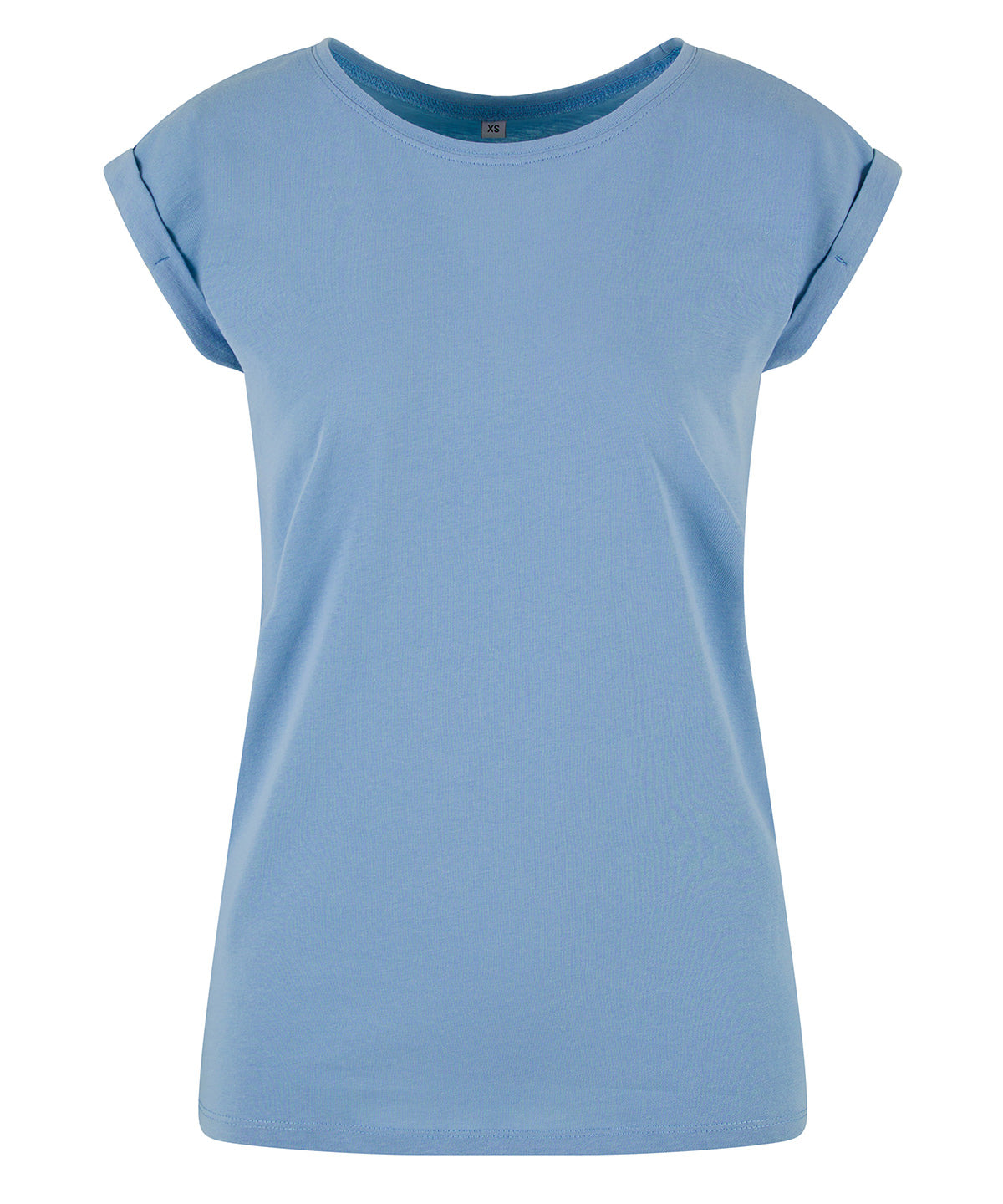 New Morning Studios Women’s regular extended shoulder tee in Powder Blue, front view